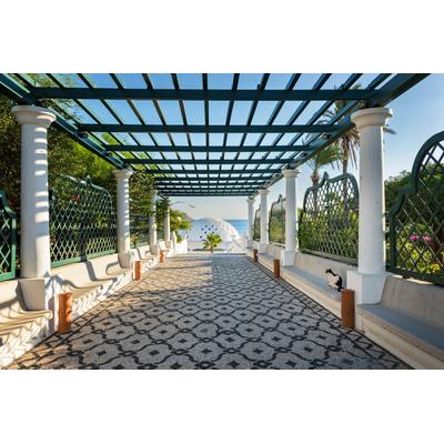 Fototapete PAPERMOON "PERGOLA-RHODOS BLUMEN SEE MEER TERRASSE PALMEN DÜNEN", bunt, B:2,5m L:1,86m, Vlies, Tapeten