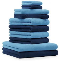 Betz 10-tlg. Handtuch-Set PREMIUM 100%Baumwolle 2 Duschtücher 4 Handtücher 2 Gästetücher 2 Waschhandschuhe Farbe Dunkel Blau & Hell Blau