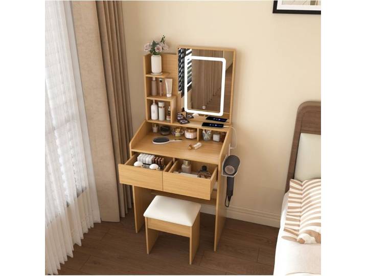 Coiffeuse LED Bois Naturel Coiffeuse Compacte FloraGrace Pour Petite Chambre Avec Tabouret Et Rangement 60x36x130cm