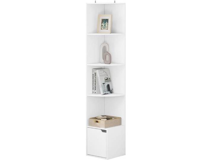 WOLTU Bibliothèque Meuble Étagère d'angle à 5 Niveaux 1 Placard avec Porte en Bois d'Ingénierie Blanc W0ATT0294