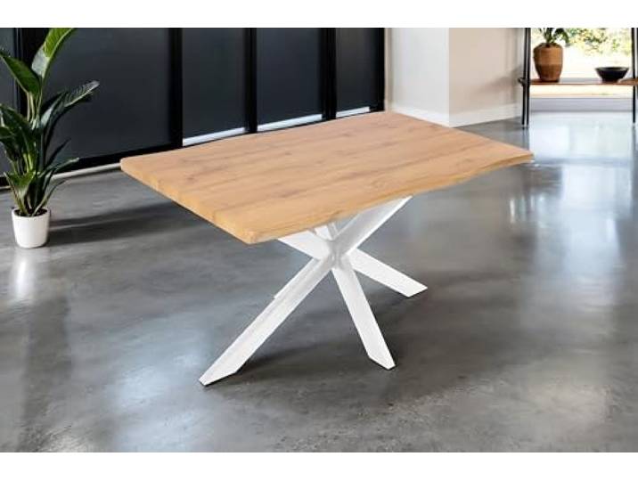 SAM Esstisch Josy 140x80 cm Holz Wildeiche-Optik Spider-Gestell weiß 40 mm Tischplatte mit Baumkante, Metallgestell, Tisch für Esszimmer & Küche