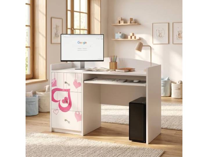 Happy Babies Weißer Kinderschreibtisch mit Schublade und Schrankfach, Schülerschreibtisch für Jungen & Mädchen, PC-Tisch Lerntisch mit Motiv (Nr 2)