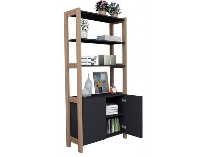 Armoire 2 Portes Châtaignier et Noir - PUNTO - Etagères Bibliothèques - SEJOUR