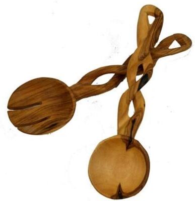 Global Crafts "Handmade 8"" Braided Olive Wood Salad Server, Set of 2 (Kenya) - Natural Wood Grain"