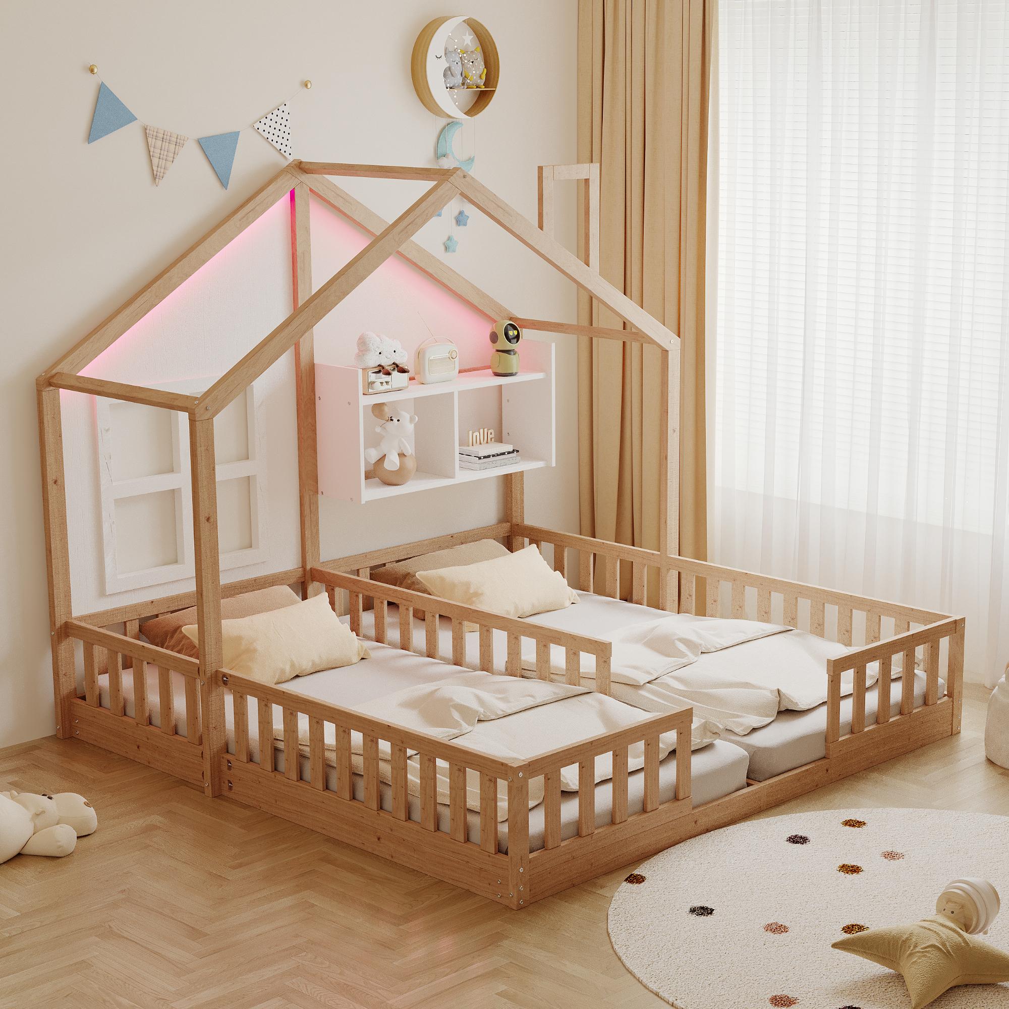 Flieks Kinderbett 90x200cm mit Led für 2 Kinder, Hausbett mit Fenster & Schornstein, Bodenbett Holzbett mit Ablagen, Kinder Doppelbett, Naturbelassen