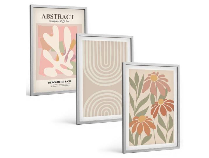 BILDER SET 3er Set - 40x60 cm Silberner Rahmen - Abstrakte Pflanzenformen