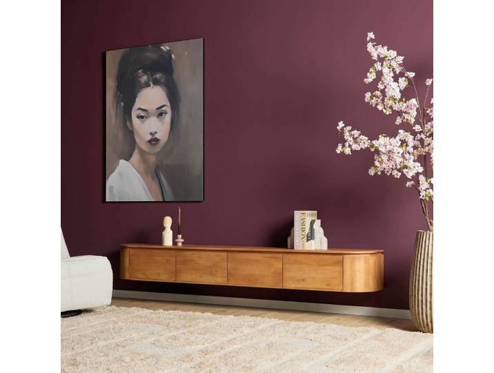 Meuble tv suspendu bois naturel bords arrondis 240 cm