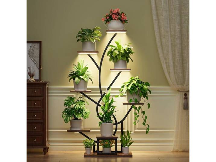 Support Pour Plantes Avec Lumière De Croissance-8 Niveaux-126Cm-En Métal Et Bois-Étagère À Plantes-Pour L'Intérieur Et L'Ext[BI66]