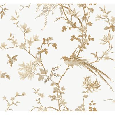 Ronald Redding Bird & Blossom Chinoserie White & Gold Wallpaper