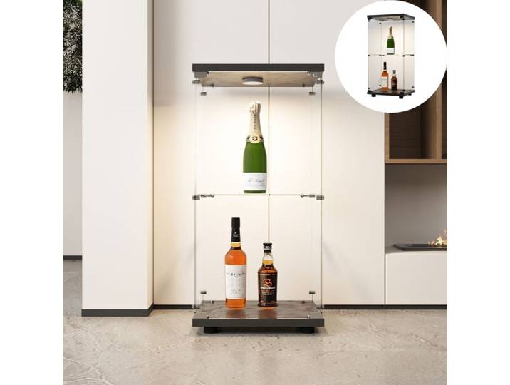 Vitrine en Verre avec LED - 40.3x36.5x86.2cm - Vitrine pour Collection - Vitrine salon avec 1 Portes et 2 Étagères Ajustables- Noir