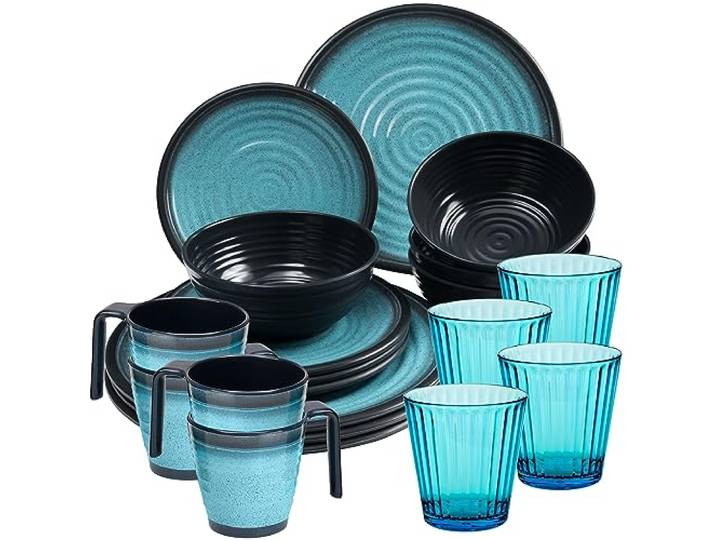 Melamin Geschirr Set 20 Teile elegante Steingut Optik blau Tassen 360ml 4