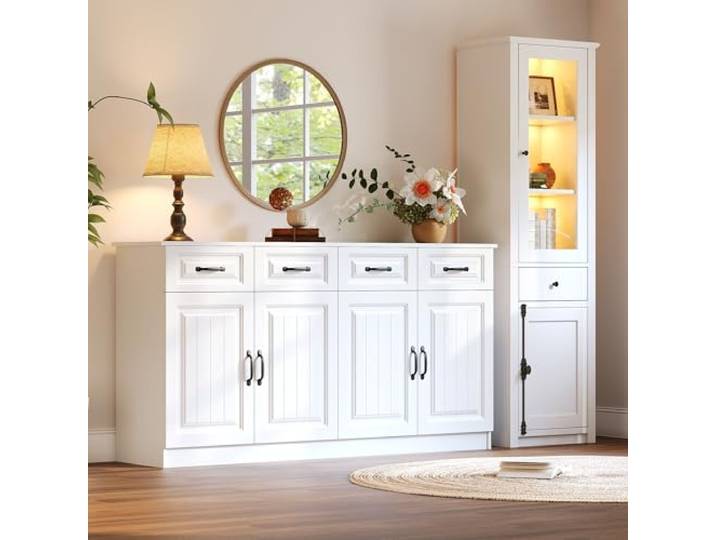 YAIXBNG Wohnzimmer-Aufbewahrungsschrank + Vitrine Kombination, Beistellschrank, weiß, MDF, zweiteiliges Set