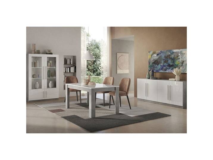 CLARK - Ensemble Séjour Complet Blanc et Marbre Table 160cm + Buffet + Vitrine avec Leds