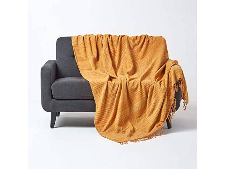 Homescapes Chenille-Tagesdecke, rost-orange, Wohndecke 150 x 200 cm, Sofaüberwurf/Plaid aus 100% Baumwolle mit Fransen, orange gestreift