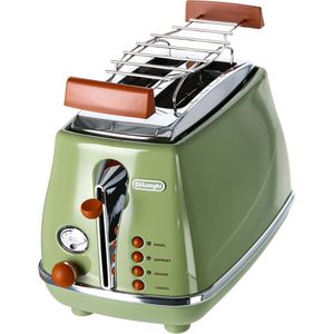 DeLonghi Toaster Icona Vintage, CTOV 2103.GR, mit 6 Röststufen, grün, 900 W, Edelstahl, mit Brötchenaufsatz, für 2 Scheiben