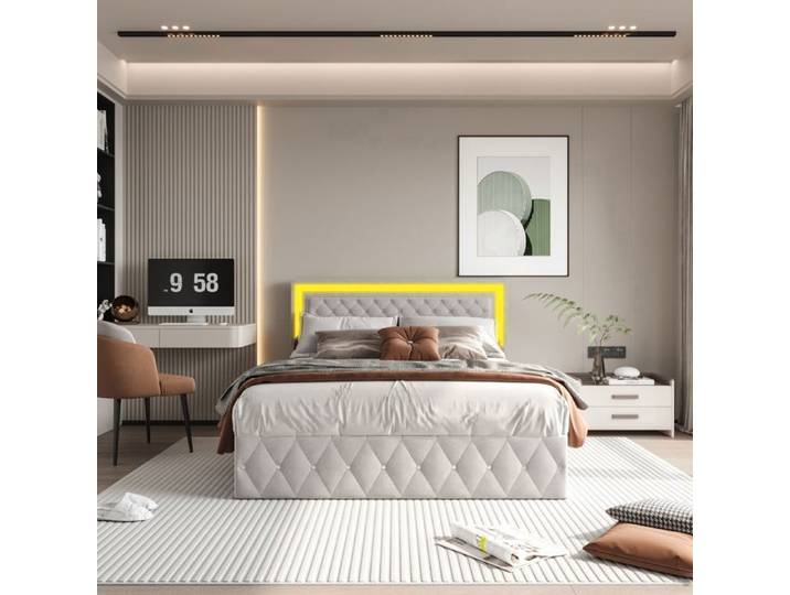 Lit 160x200cm avec éclairage LED et sommier à lattes lit double avec coffre de lit tissu velours lit coffre 160x200cm beige.