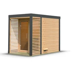 Karibu Saunahaus Ares 1 - Hybridhaus mit Metallrahmen - 38 mm Holz-Ausführung: naturbelassen Blech-Ausführung: anthrazit Ohne Ofen