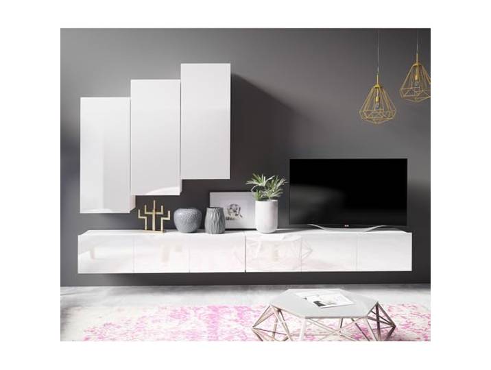 Lomadox Wohnwand Anbauwand weiß Hochglanz 5-teilig Modern, mit 2 TV-Lowboards, 3 Hängeschränke