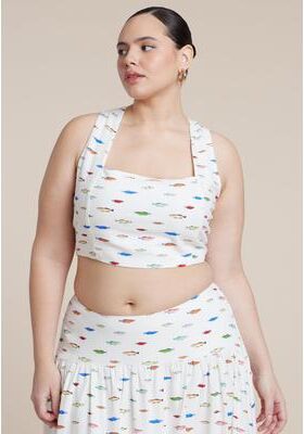 Plus Size Women's Printed Linen Crop Top by ELOQUII in Fish Family (Size 26)