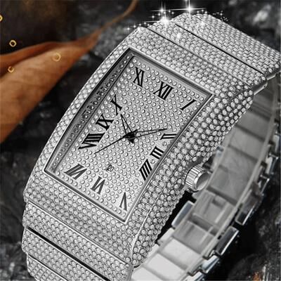 Uplift Essentials Luxury Iced Out Rectangular Executive Watch Hip Hop Diamond Date Quartz Timepiece In Lustrous Gold gold