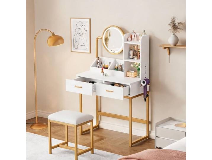 Coiffeuse design blanc et or avec miroir LED pivotant et prises intégrées 80x40x138 5 cm