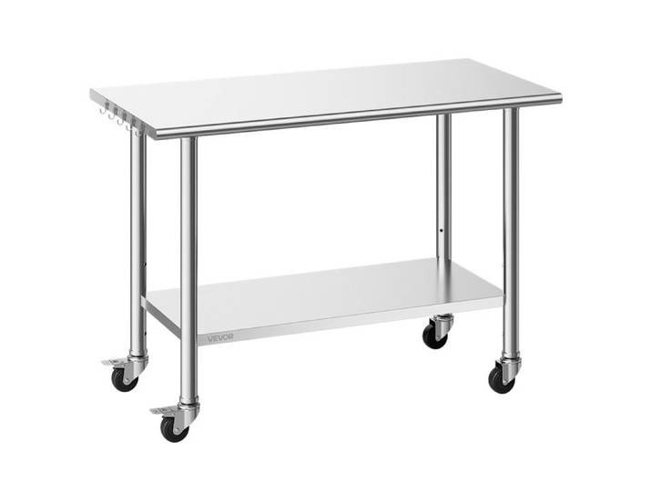 Table de Travail Cuisine Professionnelle-VEVOR-Table Centrale Inox 122x61 cm 2 Niveaux Poste de Travail sur Roulettes