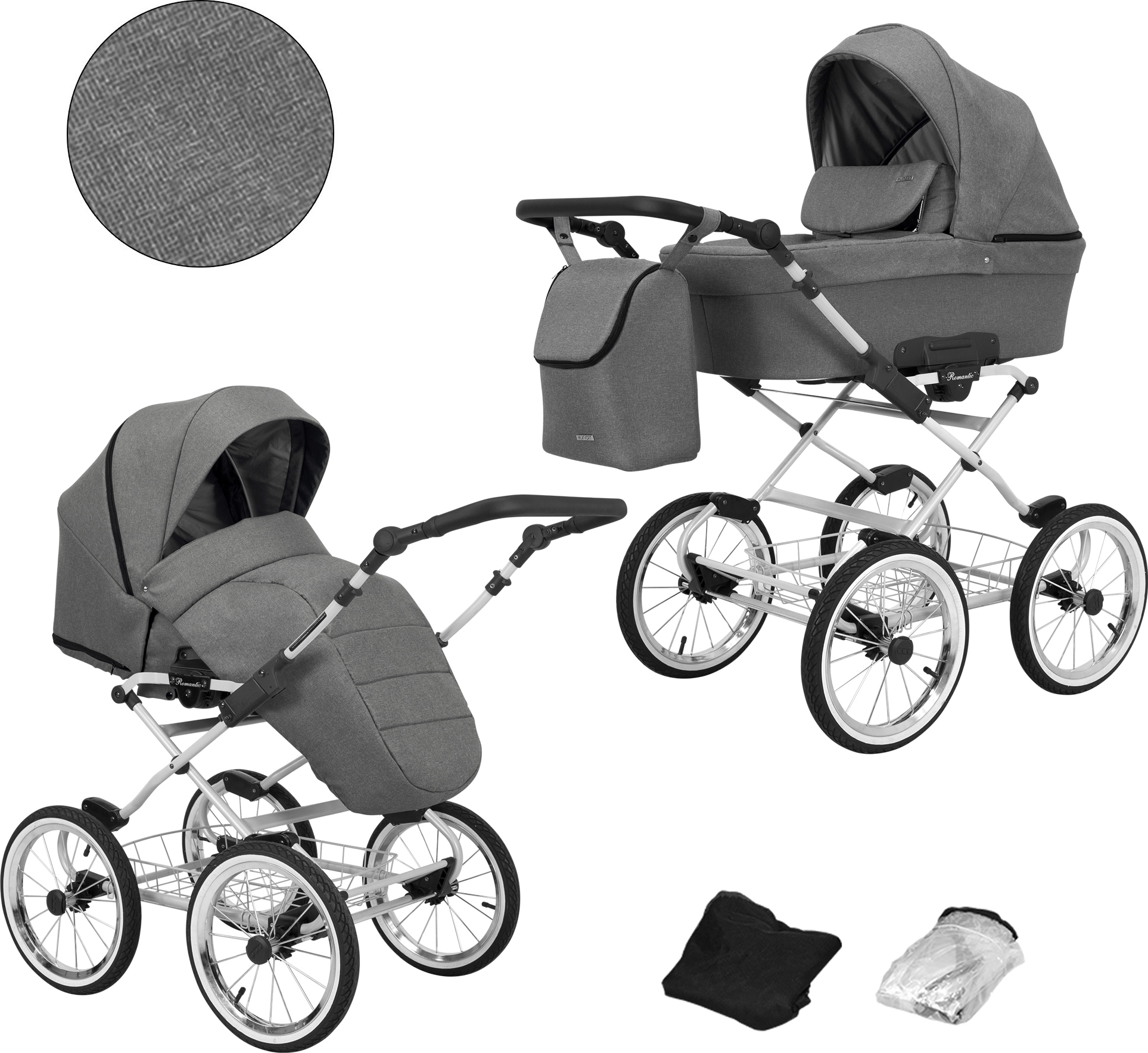 Kinderwagen ROMANTIC Sportwagen Babywagen Babyschale Komplettset Kinder Wagen Set 2 in 1 (grau, Rahmenfarbe: grau)