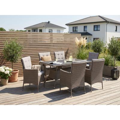 Garten-Essgruppe KONIFERA "Mailand", grau (grau, braun), Polyrattan, Sitzmöbel-Sets, Tischplatte aus Sicherheitsglas, Staufläche unter dem Tisch