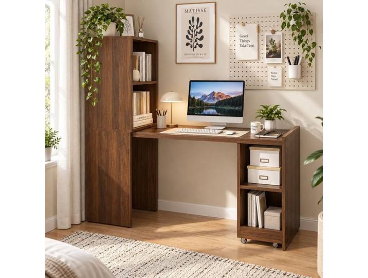 Bureau avec Rangement Extensible Compartiments Bureau d'Angle 55x136 cm Noyer Foncé