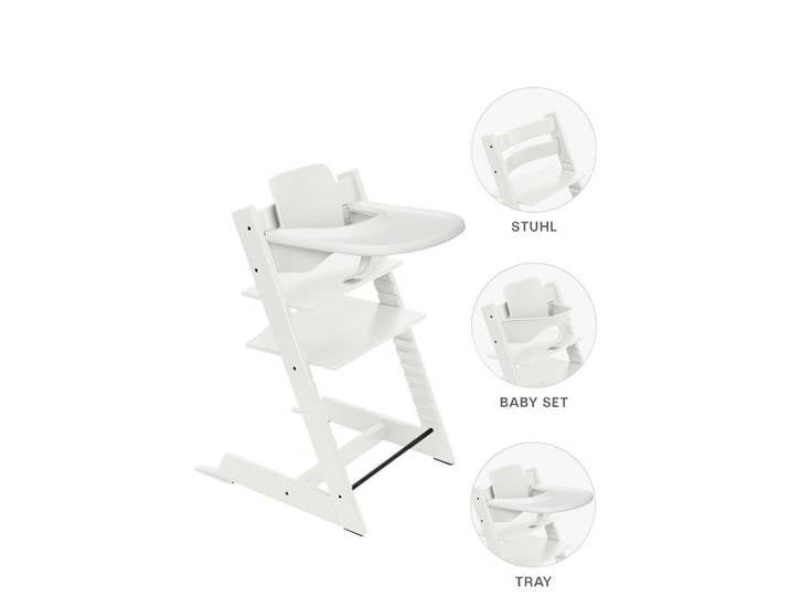Stokke Hochstuhl-Set, Weiss, Holz, Buche, 46x79x49 cm, Fussstütze verstellbar, Sitzfläche verstellbar, höhenverstellbar, Tablett, Snacktablett, Baby- und Kindermöbel, Babyzimmer, Hochstuhl