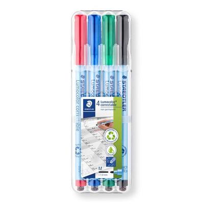 STAEDTLER Universalstift Lumocolor correctable 305 trocken abwischbar, blau M, 4er Set