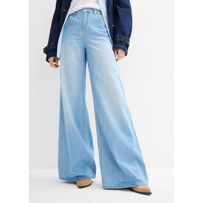 Weite Jeans BONPRIX, Damen, Gr. 36, N-Gr, hellblau denim used, Obermaterial: 100% Baumwolle, loose fit, Jeans, weite Passform, 5-Pocket-Design, elastischer Bequembund, hohe Bundhöhe