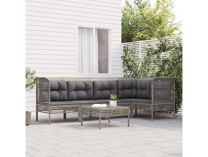 Résine tressée imperméable pour terrasse ensemble 6 pièces gris Salon de jardin 6 pcs avec coussins Gris Résine tressée Ensemble exterieur modulable canape angle repose-pieds terrasse