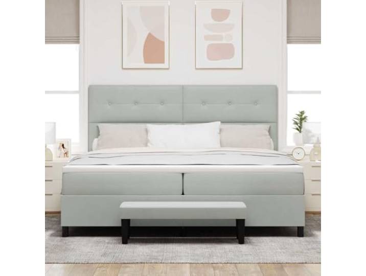 KTHLBRH Boxspringbett mit Kopfteil hellgrau 200x200 cm Samt Engineered Holzgestell, mittelfeste Schaumstoff-Matratze, modernes Design