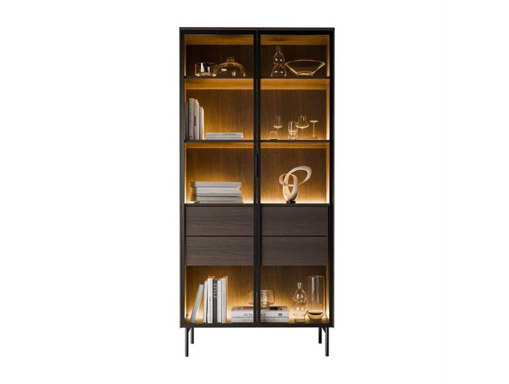 Lookway Vitrine Linea Loft mit LED-Beleuchtung Eiche + Schwarz, Eichefarben, Schwarz, 82x195x39 cm, Esszimmer, Vitrinen, Vitrinenschränke