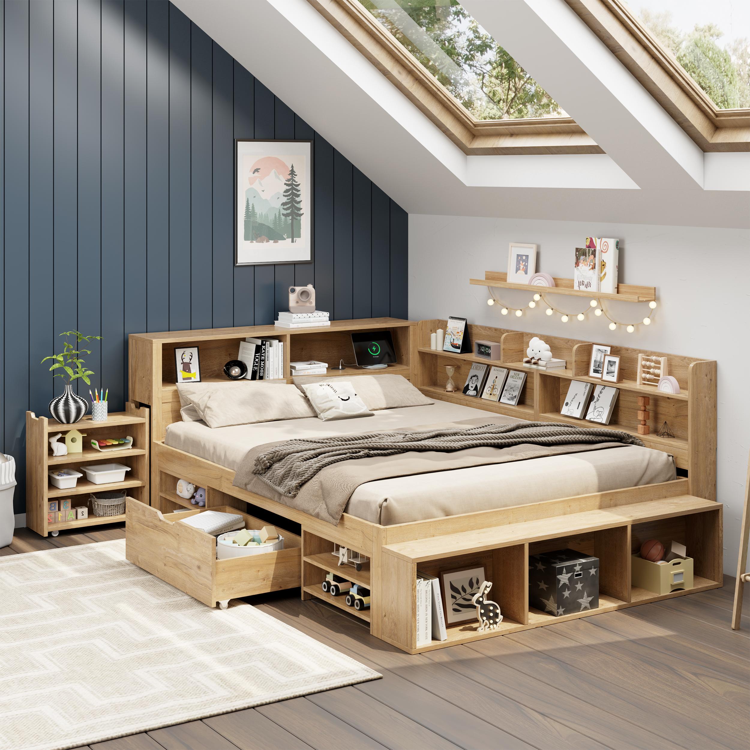 STILVORA Kinderbett 140 x 200 mit Schubladen,Jugendbett Holzbett mit Nachttisch und Regalen,Bettgestell mit kabelloser Aufladung,ohne Matratze,Natur