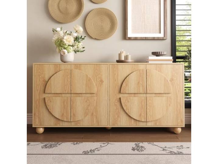 Crlnaup Viertüriges Sideboard mit kreisförmiger Reliefoptik, geschlossener Staurschrank, Aufbewahrungsschrank mit verstellbaren Einlegeböden, Holzoptik Flurschrank, Wohnzimmer Stauschrank