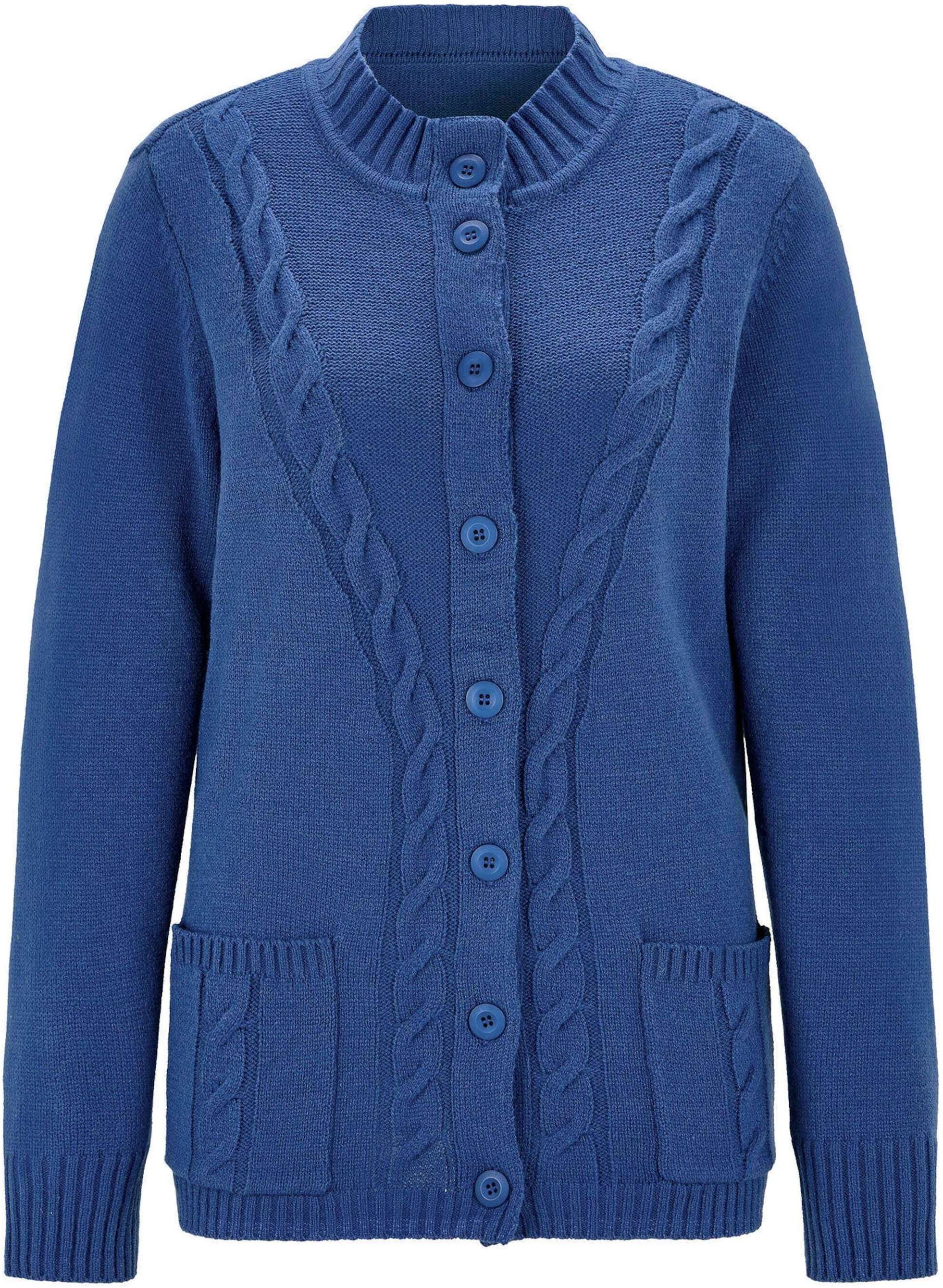 Strickjacke GOLDNER "Cardigan mit Zopfmuster", Damen, Gr. 42, blau (dunkelblau), Obermaterial: 70% Polyacryl PAN. 30% Schurwolle WV., figurumspielend, Rippbündchen, Strickjacken Strickjacke, Zopfmuster im Vorderteilund aufgesetzte Taschen