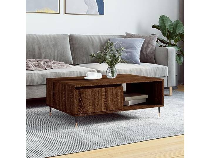 HEFZGDB Couchtisch Braun Eichen-Optik 90x60x35 cm Holzwerkstoff mit 2 Fächern und Eisen-Gestell für Stauraum und Stabilität, robuster Wohnzimmertisch mit glatter Oberfläche