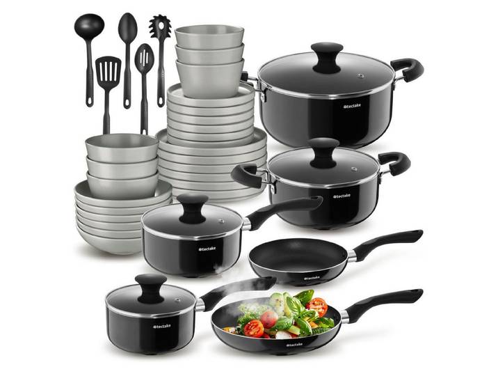 tectake Kochbesteck-Set Starterset Küche mit Steingut Geschirr, Töpfen, Pfannen (Una/Varese - für Induktionsherde geeignet, 39-tlg., in Grau/schwarz), Inkl. Zubehör, hitzebeständig, kratzfest, leichte Reinigung