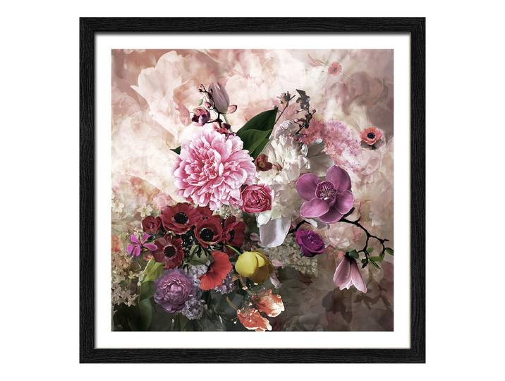 Image en bois Baroque Flowermix Verre flotté, MDF Bleu/Mauve/Rouge 33 x 33 x 1cm