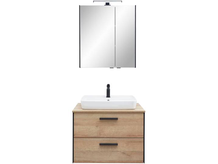 Badmöbel-Set SAPHIR Quickset 395 2-teilig, Keramik-Aufsatzbecken mit LED-Spiegelschrank , braun, Riviera Eiche quer Nachbildungmit schwarzem L-Profil vorne, Kastenmöbel-Sets, Badmöbel-Set, Waschplatz 73 cm breit, 2 Schubladen, Waschtischplatte, Bad-Set