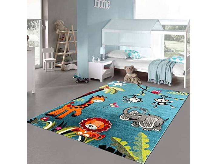Teppich-Traum Kinderzimmerteppich mit Zootieren 3D-Effekt Konturenschnitt in blau bunt Größe 160 x 230 cm