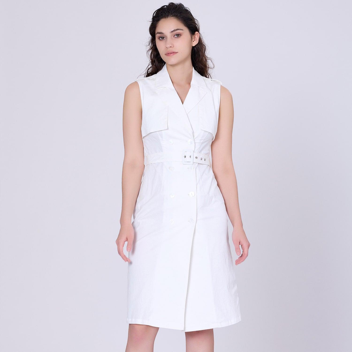 Trench -stijl mouwloze jurk met dubbele borsten