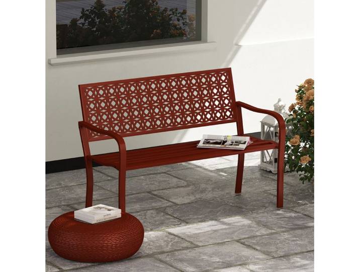 Banc De Jardin 2 Places En Acier Rouge Banc D Exterieur FloraGrace Pour Balcon Terrasse A Monter 127x63x85cm