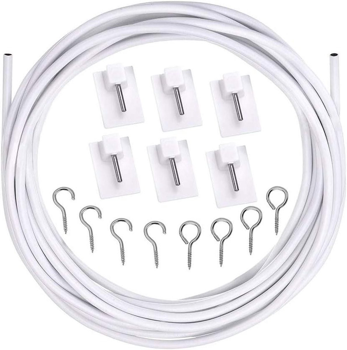 Vitragedraad met zelfklevende haken, 3 meter, 4 sets oogjes en houders, wit