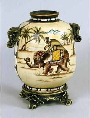 Orchard Creek Designs "9"" Ceramic Monkey Riding Elephant Table Vase, Beige"