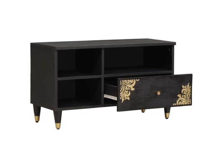 HKQWPBF TV-Schrank mit Regal Schwarz 80 x 33 x 46 cm Massivholz Mango Messingknäufe, Messingbeine, goldene Siebdrucke, rechteckiges Design, Medien & Bücher organisieren, trocken abwischbar