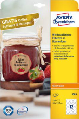 AVERY® Zweckform Klebeetiketten, blanko, 60 x 59,5 mm, 120 Stück, Blumenform, für alle Drucker