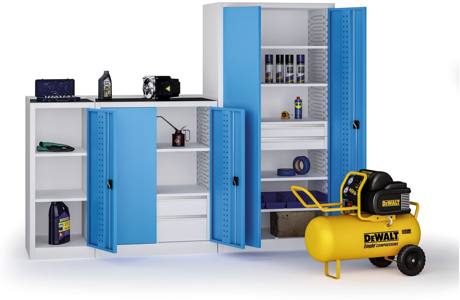 B2B Partner Policová dílenská skříň 2-dveřová, 2 police + 2 zásuvky, 1180 × 950 × 500 mm, modré dveře